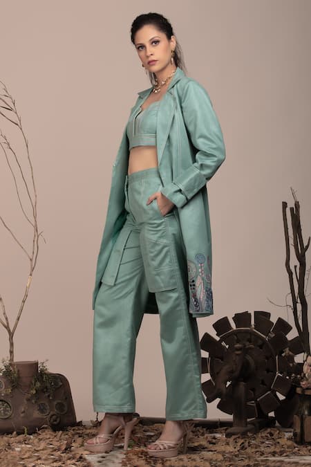 Beejoliyo_Green Suede Embroidered Thread Jacket Lapel Collar And Pant Set _Online_at_Aza_Fashions