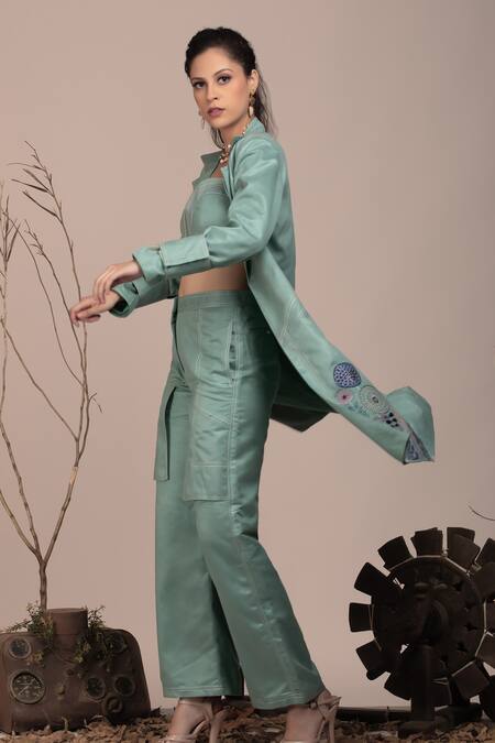 Buy_Beejoliyo_Green Suede Embroidered Thread Jacket Lapel Collar And Pant Set _Online_at_Aza_Fashions