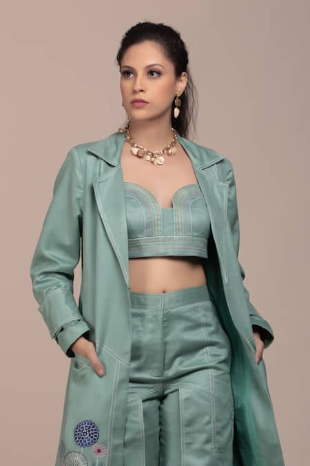 Beejoliyo_Green Suede Embroidered Thread Jacket Lapel Collar And Pant Set _at_Aza_Fashions