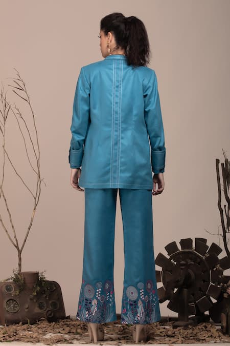 Beejoliyo Embroidered Teal Blue Blazer & Pant Set 