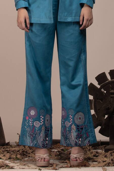 Shop_Beejoliyo_Blue Suede Embroidery Sweetheart Neck Teal Blazer And Pant Set _Online_at_Aza_Fashions