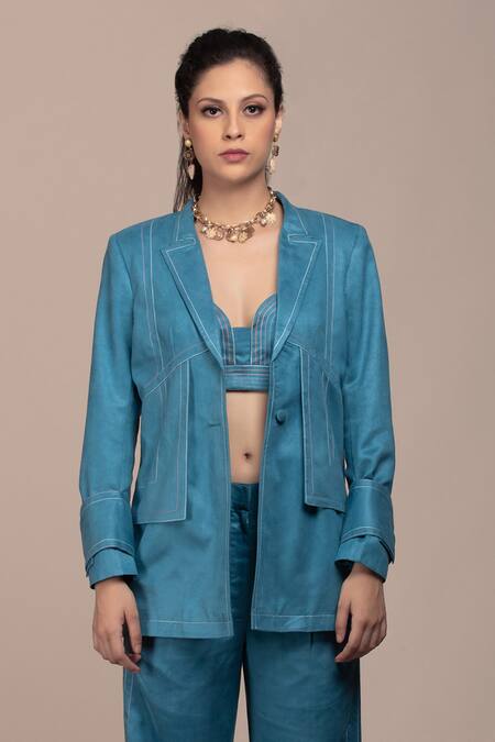 Beejoliyo_Blue Suede Embroidery Sweetheart Neck Teal Blazer And Pant Set _at_Aza_Fashions