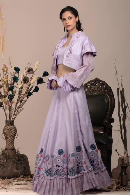 Beejoliyo_Purple Cotton, Suede Embroidery Sweetheart , Open Jacket And Lehenga Set _Online_at_Aza_Fashions