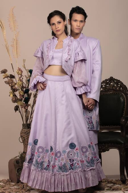 Shop_Beejoliyo_Purple Cotton, Suede Embroidery Sweetheart , Open Jacket And Lehenga Set _Online_at_Aza_Fashions