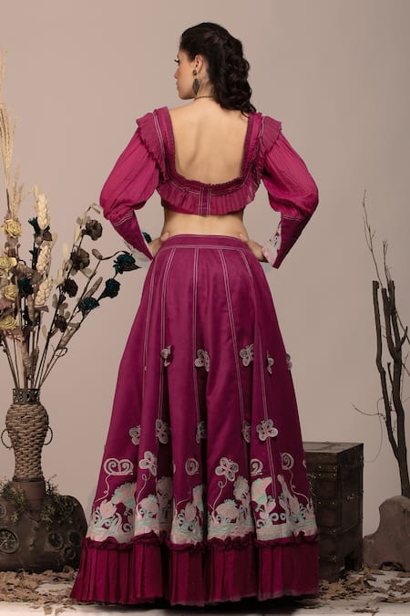 Beejoliyo Embroidered Purple Tiered Hem Lehenga Set 
