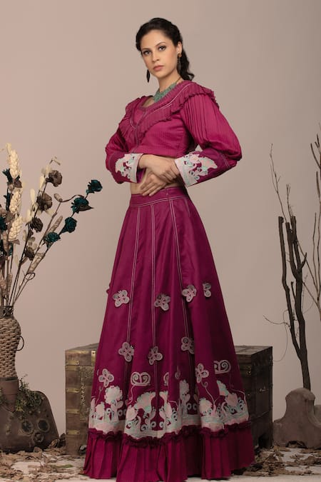 Beejoliyo_Purple Cotton, Suede Embroidery Round Neck Tiered Hem Lehenga Set _Online_at_Aza_Fashions