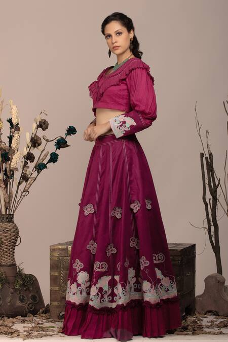 Buy_Beejoliyo_Purple Cotton, Suede Embroidery Round Neck Tiered Hem Lehenga Set _Online_at_Aza_Fashions