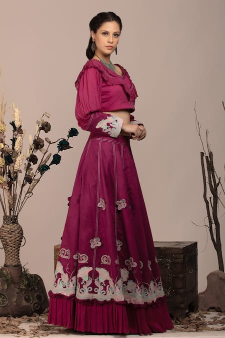Shop_Beejoliyo_Purple Cotton, Suede Embroidery Round Neck Tiered Hem Lehenga Set _Online_at_Aza_Fashions