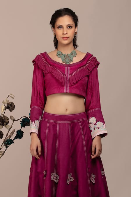 Beejoliyo_Purple Cotton, Suede Embroidery Round Neck Tiered Hem Lehenga Set _at_Aza_Fashions