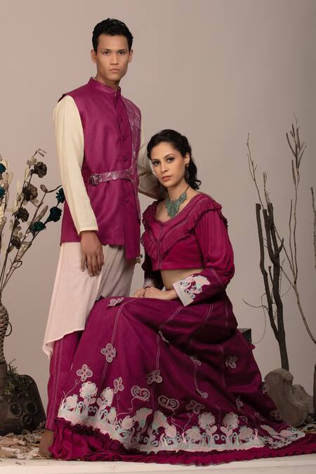 Buy_Beejoliyo_Purple Cotton, Suede Embroidery Round Neck Tiered Hem Lehenga Set 