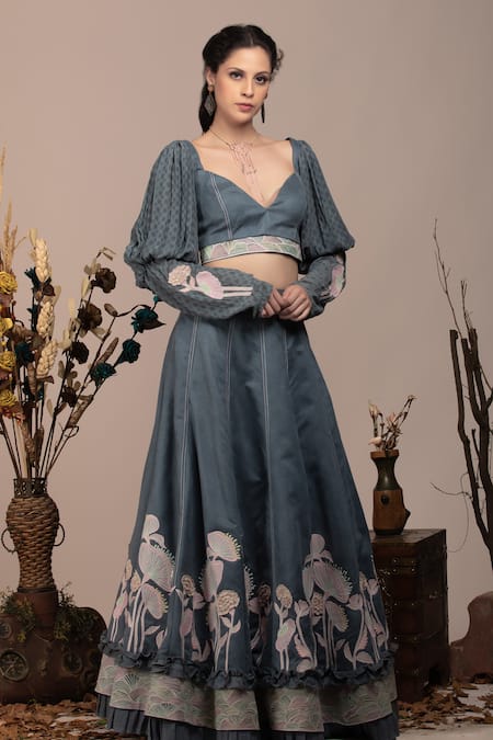 Beejoliyo Gray Cotton, Suede Embroidery Sweetheart Neck Grey Layered Lehenga And Blouse Set Online at Aza Fashions Beejoliyo_Gray Cotton, Suede Embroidery Sweetheart Neck Grey Layered Lehenga And Blouse Set _Online_at_Aza_Fashions