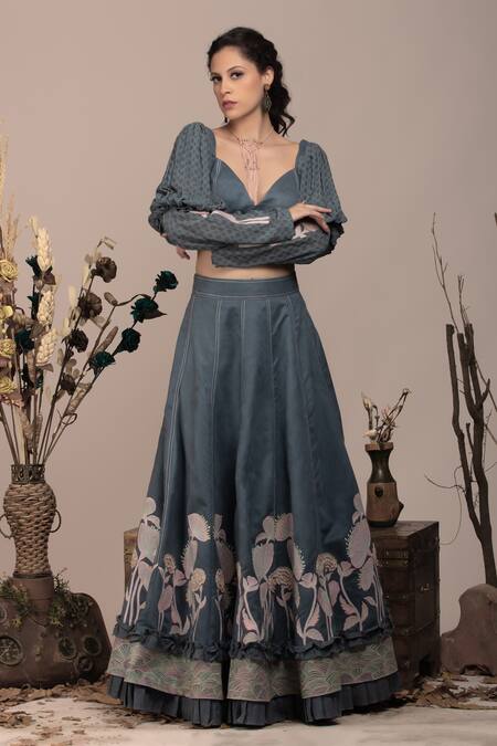 Buy Beejoliyo Gray Cotton, Suede Embroidery Sweetheart Neck Grey Layered Lehenga And Blouse Set Online at Aza Fashions Buy_Beejoliyo_Gray Cotton, Suede Embroidery Sweetheart Neck Grey Layered Lehenga And Blouse Set _Online_at_Aza_Fashions
