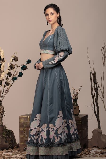 Beejoliyo Gray Cotton, Suede Embroidery Sweetheart Neck Grey Layered Lehenga And Blouse Set at Aza Fashions Beejoliyo_Gray Cotton, Suede Embroidery Sweetheart Neck Grey Layered Lehenga And Blouse Set _at_Aza_Fashions