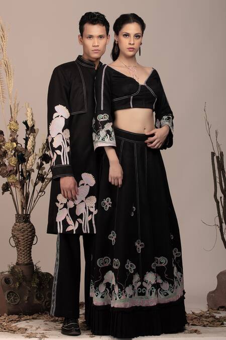 Buy_Beejoliyo_Black Cotton, Suede Applique, Embroidery V-neck Floral Lehenga Set 
