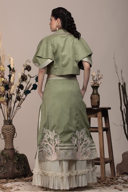 Shop_Beejoliyo_Green Cotton, Suede Applique, Embroidery Open , Sweetheart Lehenga Set _at_Aza_Fashions
