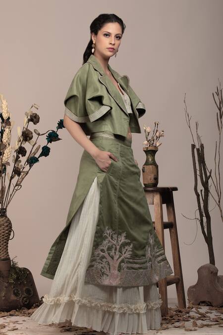Shop_Beejoliyo_Green Cotton, Suede Applique, Embroidery Open , Sweetheart Lehenga Set _Online_at_Aza_Fashions