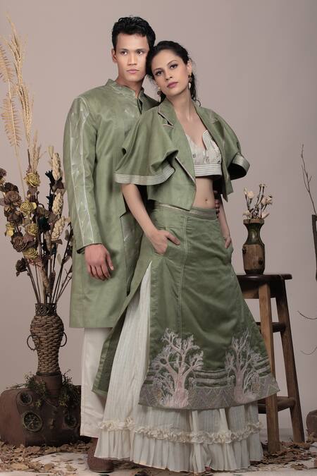 Beejoliyo_Green Cotton, Suede Applique, Embroidery Open , Sweetheart Lehenga Set _at_Aza_Fashions