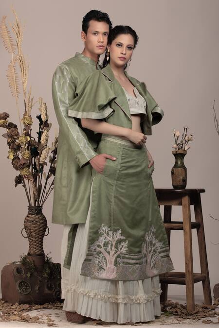 Buy_Beejoliyo_Green Cotton, Suede Applique, Embroidery Open , Sweetheart Lehenga Set 