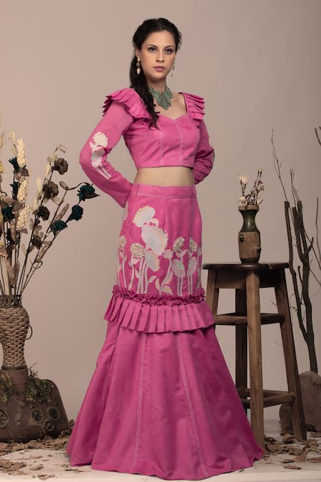 Shop_Beejoliyo_Pink Suede Applique Sweetheart Neck Embroidered Lehenga Set _Online_at_Aza_Fashions