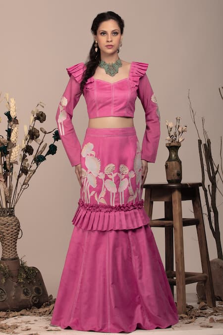 Beejoliyo_Pink Suede Applique Sweetheart Neck Embroidered Lehenga Set _at_Aza_Fashions