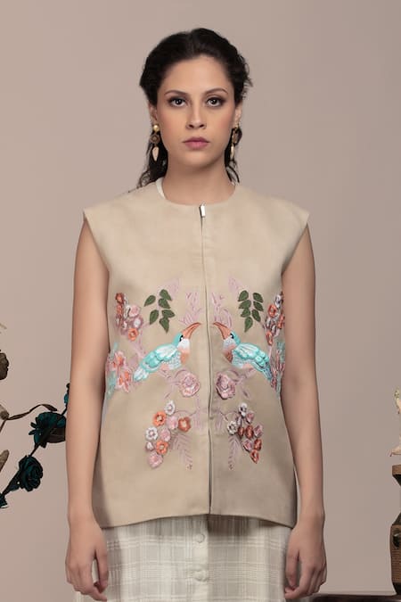 Beejoliyo_Beige Suede Embroidered Applique Round Floral Jacket _Online_at_Aza_Fashions