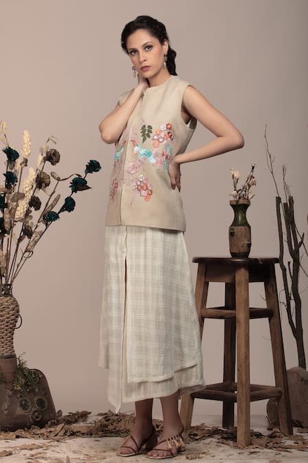 Buy_Beejoliyo_Beige Suede Embroidered Applique Round Floral Jacket _Online_at_Aza_Fashions