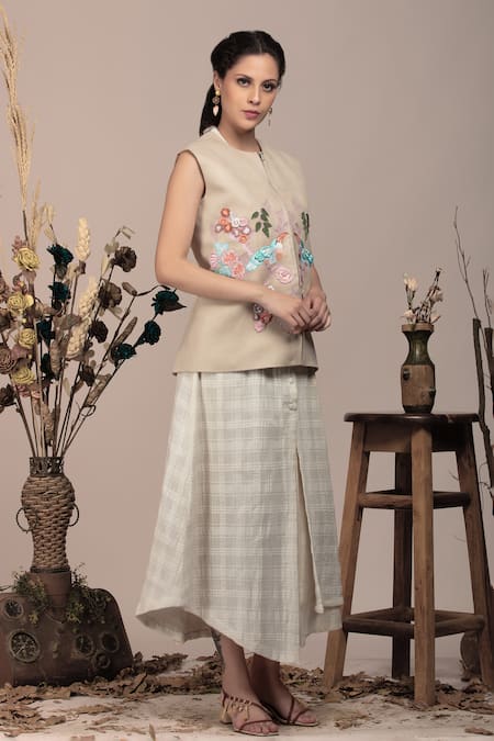 Shop_Beejoliyo_Beige Suede Embroidered Applique Round Floral Jacket _Online_at_Aza_Fashions