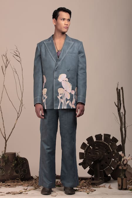 BEEJOLIYO Botanical Embroidered Double Breasted Blazer Suit Set 