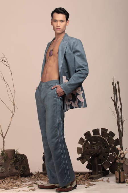 Beejoliyo_Gray Suede Botanical Embroidery Grey Blazer Pant Set _Online_at_Aza_Fashions