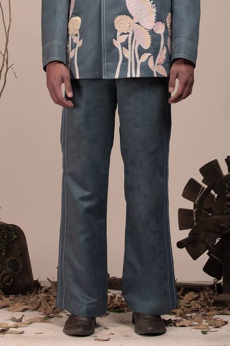 Buy_Beejoliyo_Gray Suede Botanical Embroidery Grey Blazer Pant Set _Online_at_Aza_Fashions
