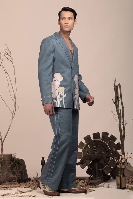 Beejoliyo_Gray Suede Botanical Embroidery Grey Blazer Pant Set _at_Aza_Fashions