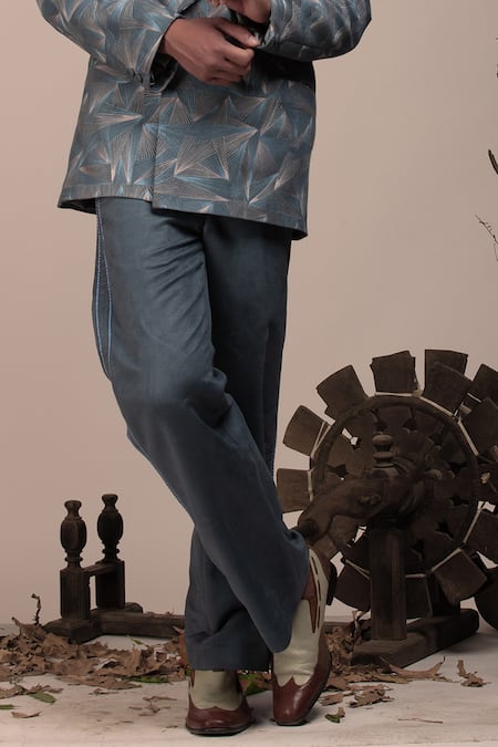 Buy_Beejoliyo_Gray Suede Geometric Embroidery Blazer Suit Set _Online_at_Aza_Fashions