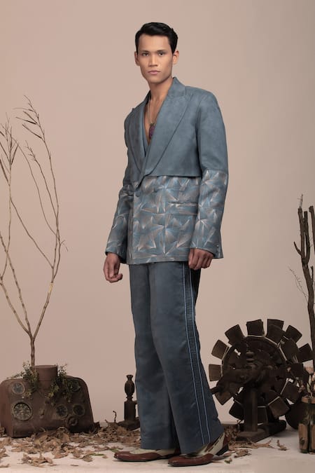 Shop_Beejoliyo_Gray Suede Geometric Embroidery Blazer Suit Set _Online_at_Aza_Fashions