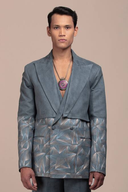 Buy_Beejoliyo_Gray Suede Geometric Embroidery Blazer Suit Set 