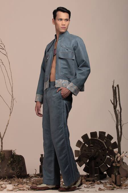 Beejoliyo_Gray Suede Geometric Embroidery Jacket And Pant Set _Online_at_Aza_Fashions