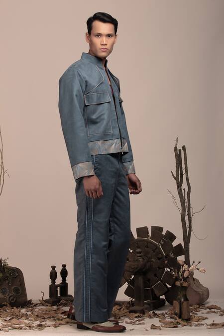 Buy_Beejoliyo_Gray Suede Geometric Embroidery Jacket And Pant Set _Online_at_Aza_Fashions