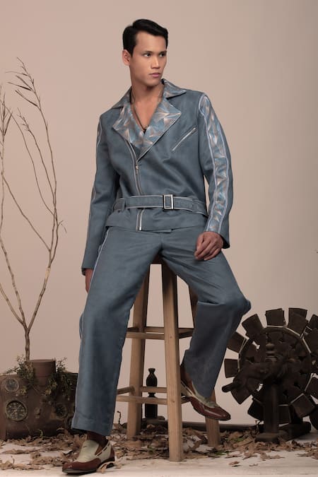 Beejoliyo Geometric Embroidered Suede Jacket & Pant Set 