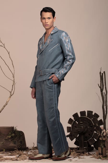 Beejoliyo_Gray Suede Geometric Embroidery Jacket And Pant Set _Online_at_Aza_Fashions