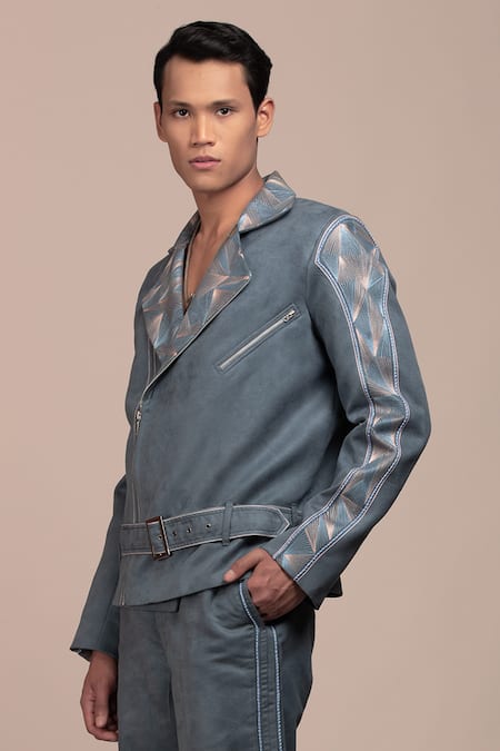 Buy_Beejoliyo_Gray Suede Geometric Embroidery Jacket And Pant Set _Online_at_Aza_Fashions