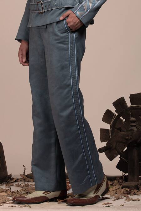 Shop_Beejoliyo_Gray Suede Geometric Embroidery Jacket And Pant Set _Online_at_Aza_Fashions