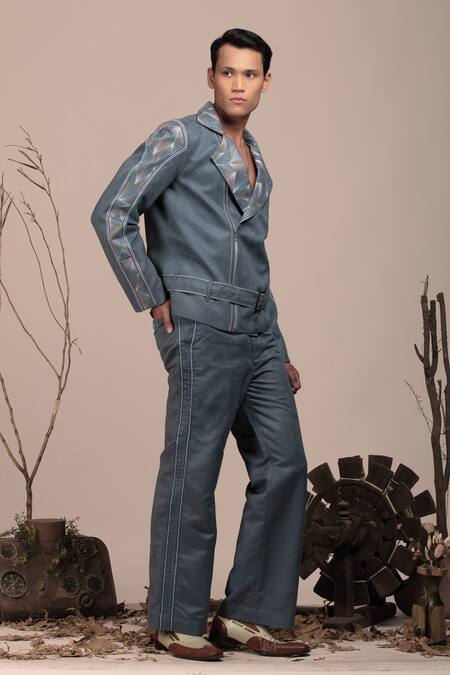 Beejoliyo_Gray Suede Geometric Embroidery Jacket And Pant Set _at_Aza_Fashions