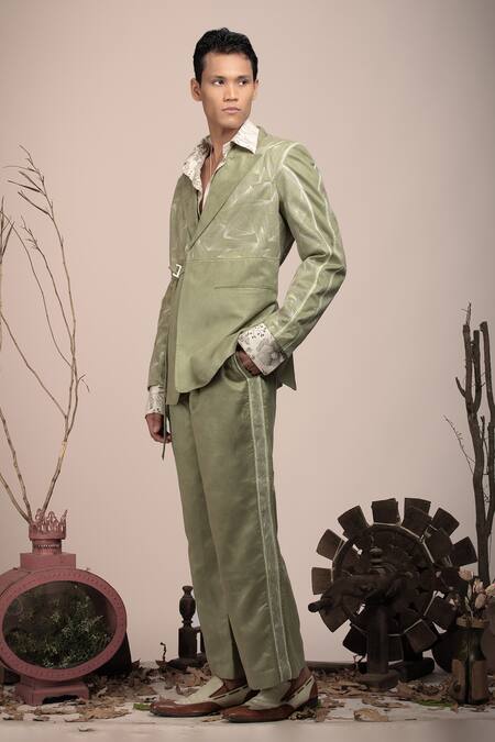 Beejoliyo_Green Suede Geometric Embroidery Sage Blazer And Pant Set _Online_at_Aza_Fashions