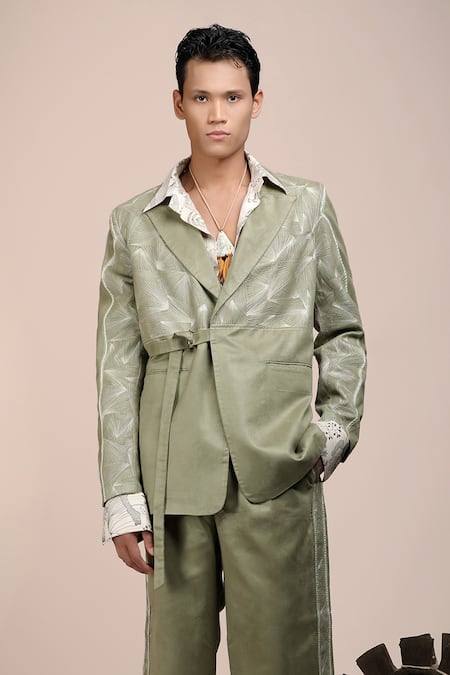 Buy_Beejoliyo_Green Suede Geometric Embroidery Sage Blazer And Pant Set _Online_at_Aza_Fashions