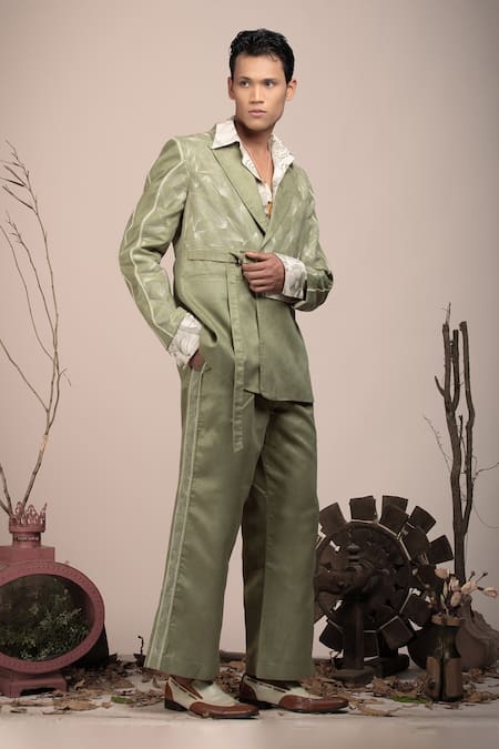 Shop_Beejoliyo_Green Suede Geometric Embroidery Sage Blazer And Pant Set _Online_at_Aza_Fashions