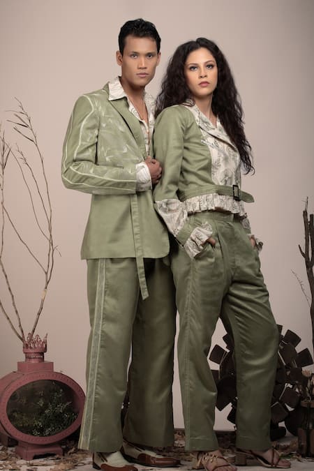 Beejoliyo_Green Suede Geometric Embroidery Sage Blazer And Pant Set _at_Aza_Fashions