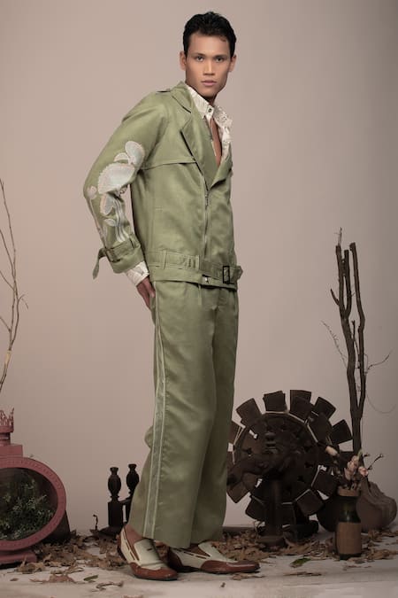 Beejoliyo Green Suede Floral Embroidery Jacket And Pant Set Online at Aza Fashions Beejoliyo_Green Suede Floral Embroidery Jacket And Pant Set _Online_at_Aza_Fashions
