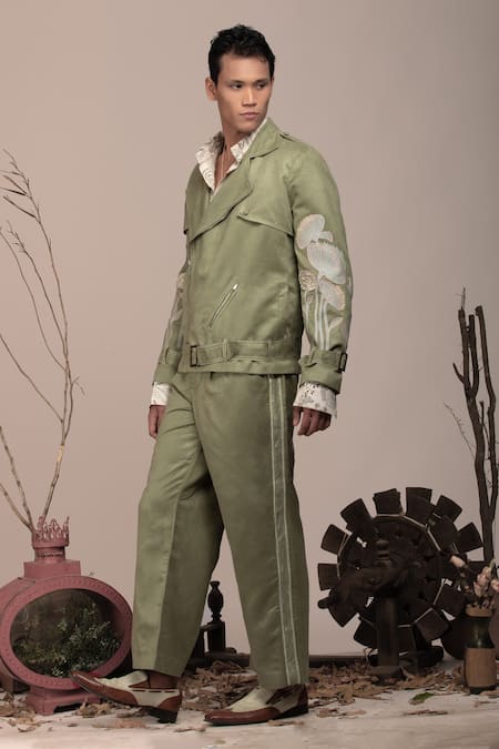 Buy Beejoliyo Green Suede Floral Embroidery Jacket And Pant Set Online at Aza Fashions Buy_Beejoliyo_Green Suede Floral Embroidery Jacket And Pant Set _Online_at_Aza_Fashions