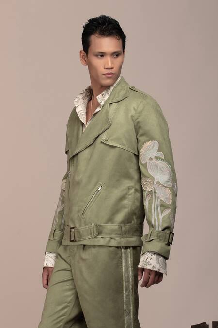 Shop Beejoliyo Green Suede Floral Embroidery Jacket And Pant Set Online at Aza Fashions Shop_Beejoliyo_Green Suede Floral Embroidery Jacket And Pant Set _Online_at_Aza_Fashions