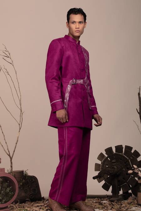 Beejoliyo_Purple Suede Geometric Embroidery Mauve Jacket And Pant Set _Online_at_Aza_Fashions