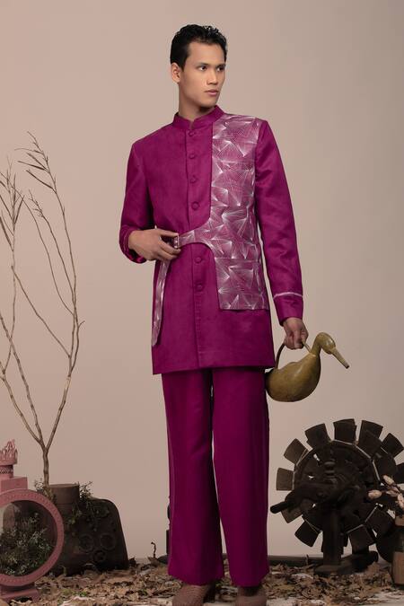 Buy_Beejoliyo_Purple Suede Geometric Embroidery Mauve Jacket And Pant Set _Online_at_Aza_Fashions